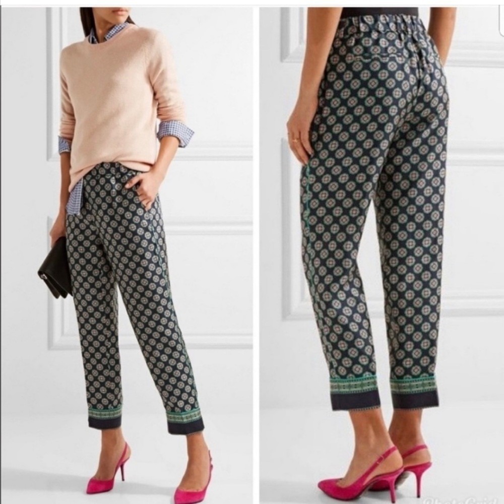 J.Crew Womens 4 G2430 Cropped Silk Pants Foulard Print Navy Green Medallion